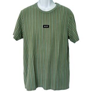 Huf Worldwide Green Yellow Striped Embroidered Logo T-Shirt Short Sleeve size L